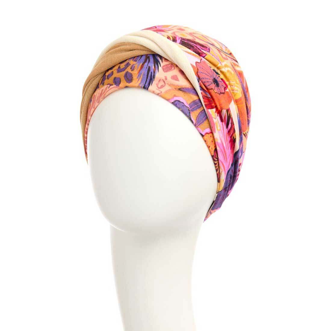 Farverig turban i friske farver; gul, pink, lilla og guld