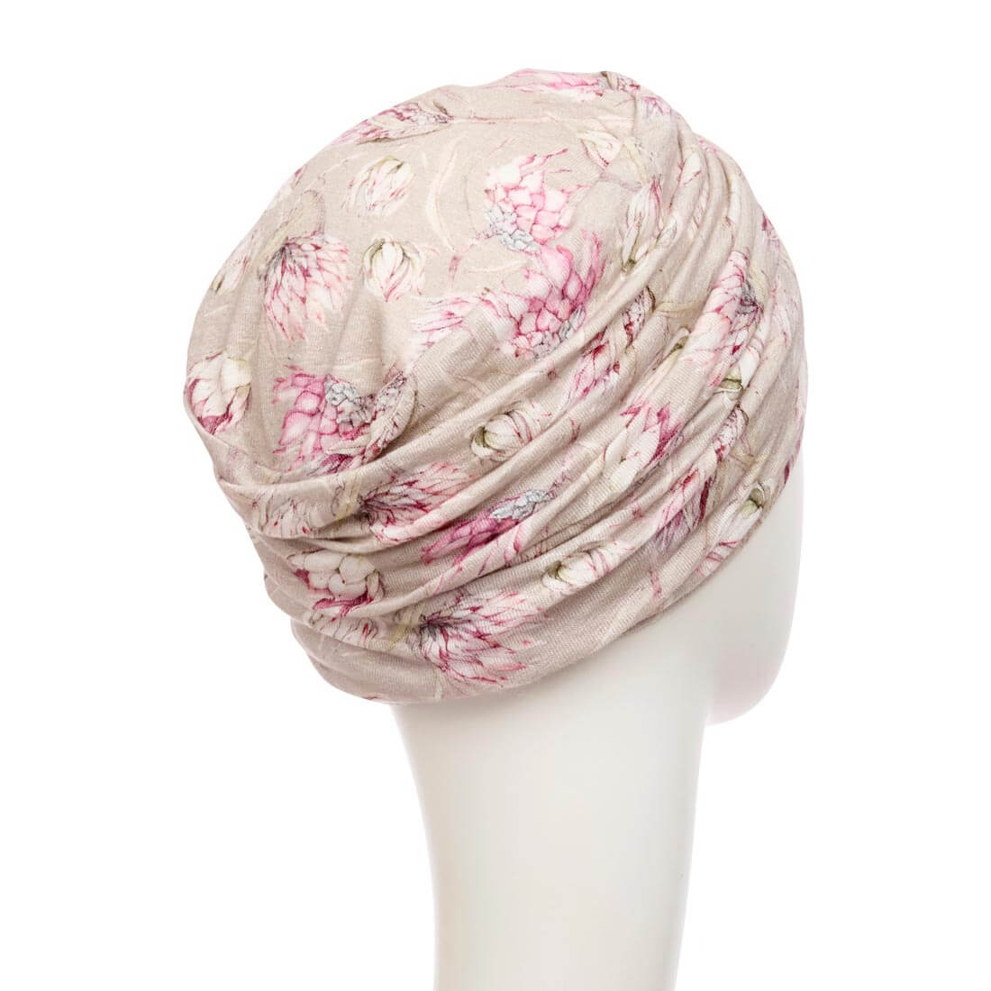 Lotus turban i beige med lyserøde blomster