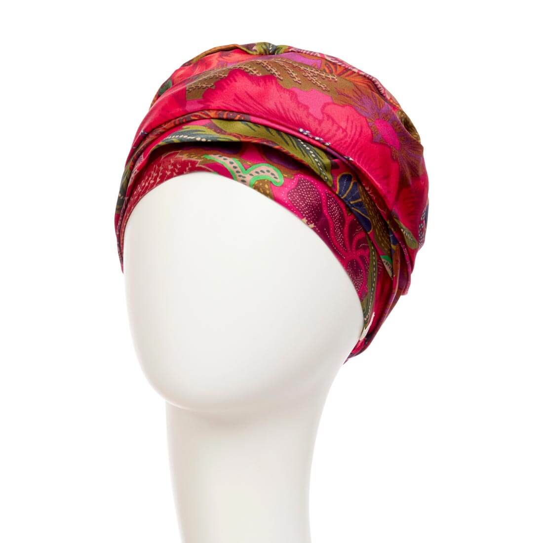 Elegant silke turban i pink med forskellige farver blade på