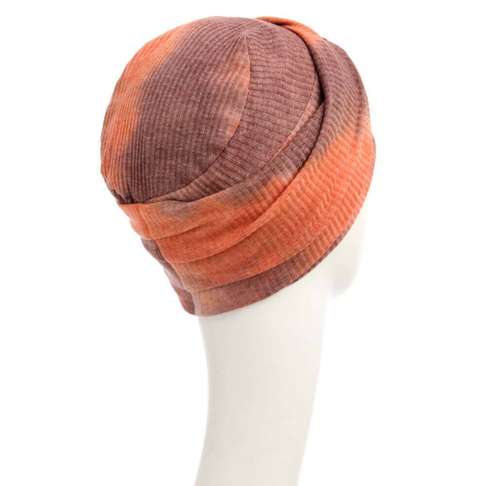 Zoya Turban hue i Sunset Tie Dye, orange og brunt mønster