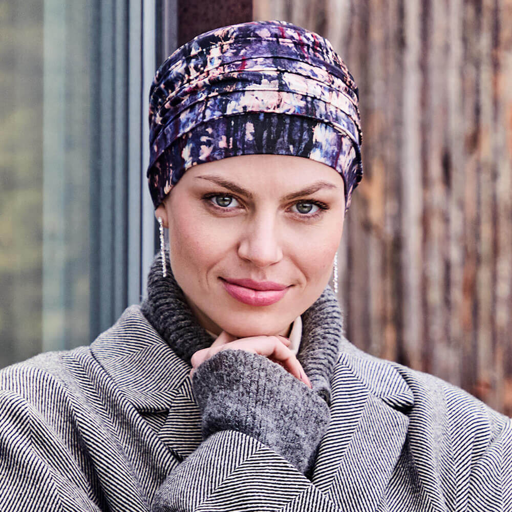 Turban tørklæde i blå, lilla og lyse farver